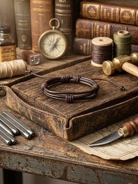 Hand Crafted Brown Leather Cord Adjustable Bracelet